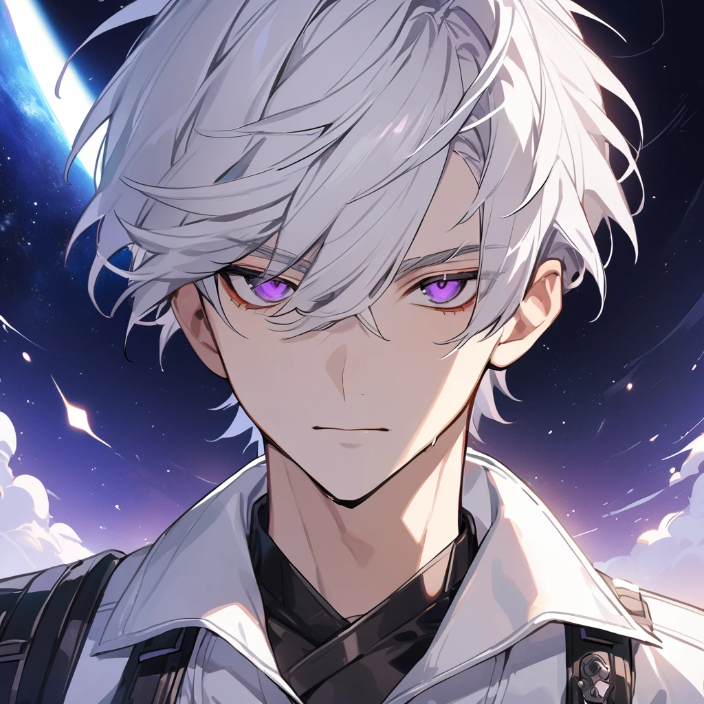 High quality, HD, 4k, no shadows, handsome male, 1male, , teenager, go lining, short white hair, sharp eyes, dark purple eyes, deep purple eyes, devil may cry, close up, calm expression, stoic expression, black leather clothes, white leather clothing, lean body, well trained body, upper body, looking at viewer, cowboy shot, white solar, space background