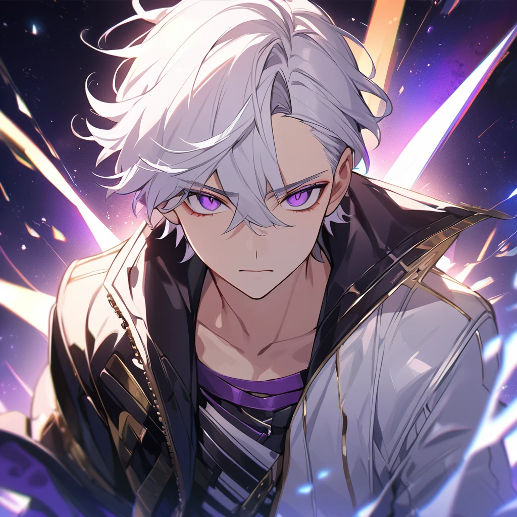 High quality, HD, 4k, no shadows, handsome male, 1male, , teenager, go lining, short white hair, sharp eyes, dark purple eyes, deep purple eyes, devil may cry, close up, calm expression, stoic expression, black leather clothes, white leather clothing, lean body, well trained body, upper body, looking at viewer, cowboy shot, white solar, space background