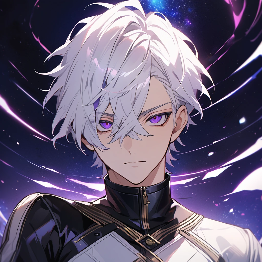 High quality, HD, 4k, no shadows, handsome male, 1male, , teenager, golden lining, short white hair, sharp eyes, dark purple eyes, deep purple eyes, devil may cry, close up, calm expression, stoic expression, black leather clothes, white leather clothing, lean body, well trained body, upper body, looking at viewer, cowboy shot, white solar, space background