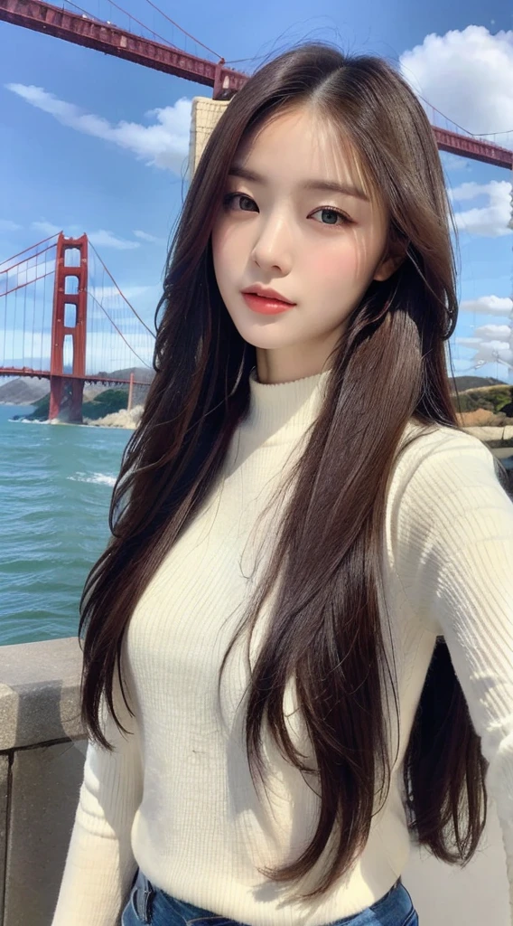 (lifelike, high resolution:1.3), 1 girl with a perfect figure, The face shape and eyes are super beautiful,long hair, White long sleeves:1.2, Short jeans, Big ,The Golden Gate Bridge is in the background