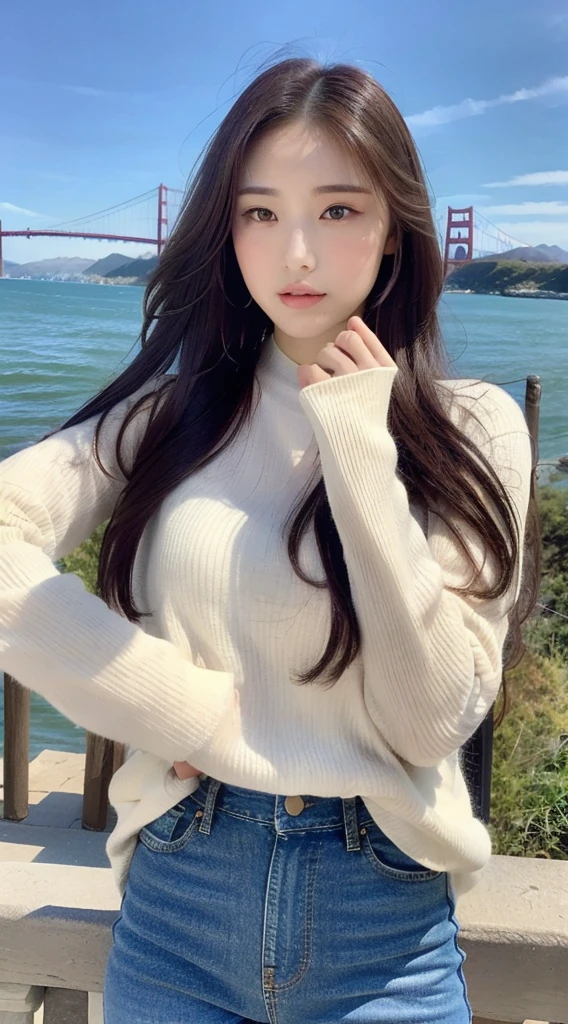 （lifelike， high resolution：1.3）， 1 girl with a perfect figure， The face shape and eyes are super beautiful，long hair， White long sleeves：1.2， Short jeans， Big ，The Golden Gate Bridge is in the background
