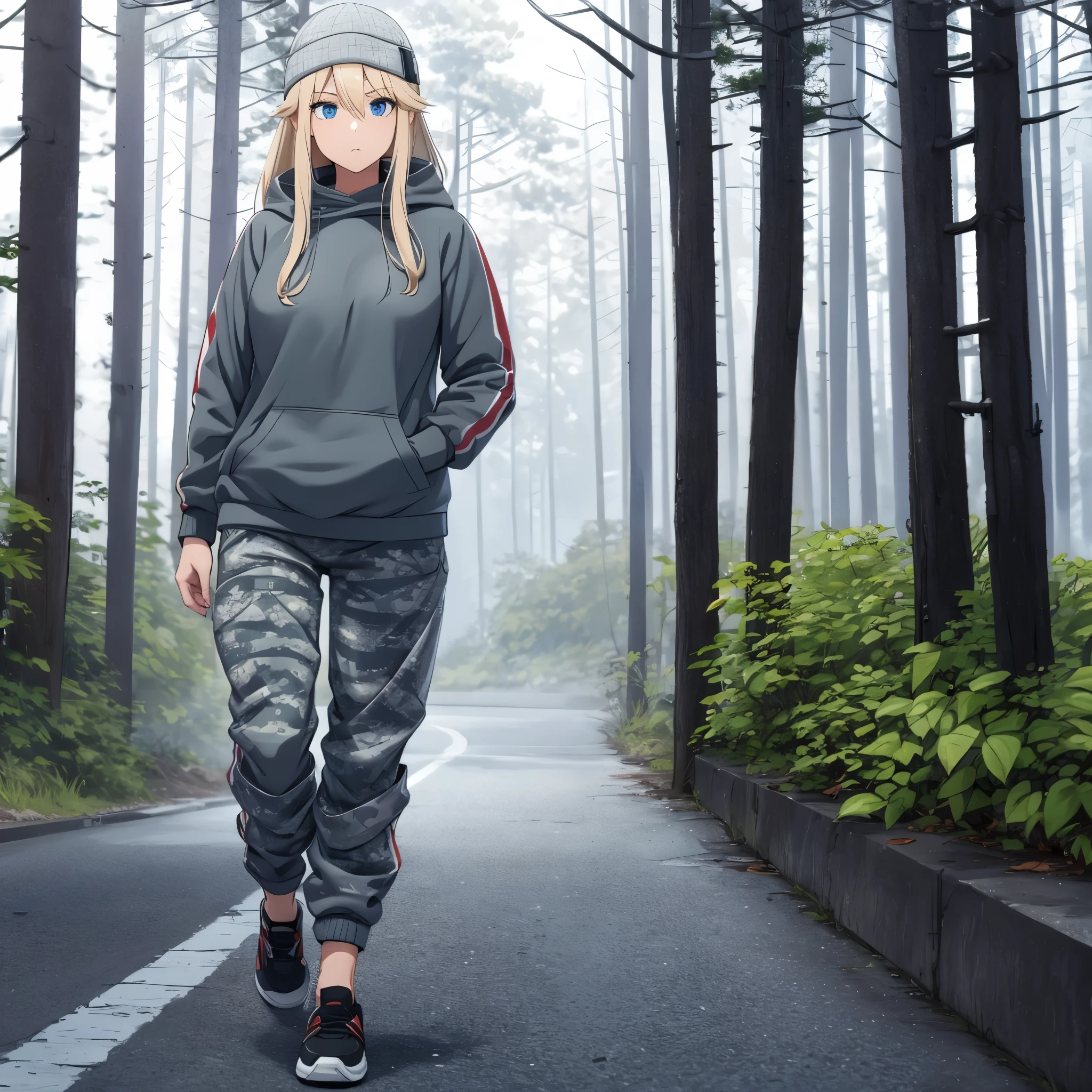 A woman wearing a gray sweatshirt, wearing military gray and white camouflage jogger pants, walking on a concrete road in a forest in the cold period, snow around, blonde hair, long hair, blue eyes, cold cap,. UHD , prime work , accurate , anatomically correct , textured skin , super details , high quality , best quality, 8k, high resolution, bokeh effect. (woman alone).standing posture.