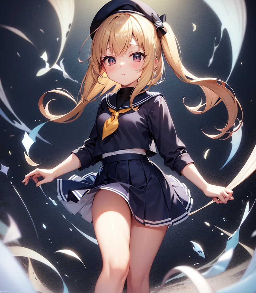 (Sailor suit),(((Navy Mini Skirt))),(Revealing clothing),In a naughty way,beret,,Cute little loli,Tiny Lori,Small girl,,Childish face, Very fine clean face,Top quality, Big eyes,Straight Hair,Yellow hair,Crimson Eye,(Dark Room), Subtle light, Natural light,Soft lighting,Light from directly behind, (Are standing), Cute pose, (Open your hands), Showing the whole body,Front view,Black background