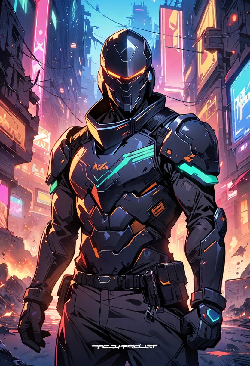 masterpiece, best quality, 1guy, futuristic pugilist, military gear, tech armor, guantlets, dystopian fantasy themepark, techwear/cyberpunk, urban fantasy, anime, no helmet, war-torn clothing, perfect face, splash screen