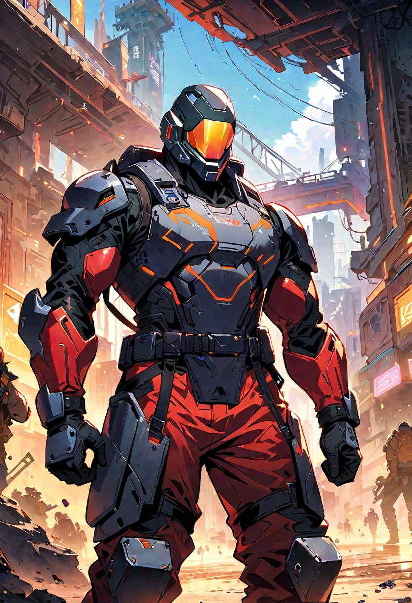 masterpiece, best quality, 1guy, futuristic pugilist, military gear, tech armor, guantlets, dystopian fantasy themepark, techwear/cyberpunk, urban fantasy, anime, no helmet, war-torn clothing, perfect face, splash screen