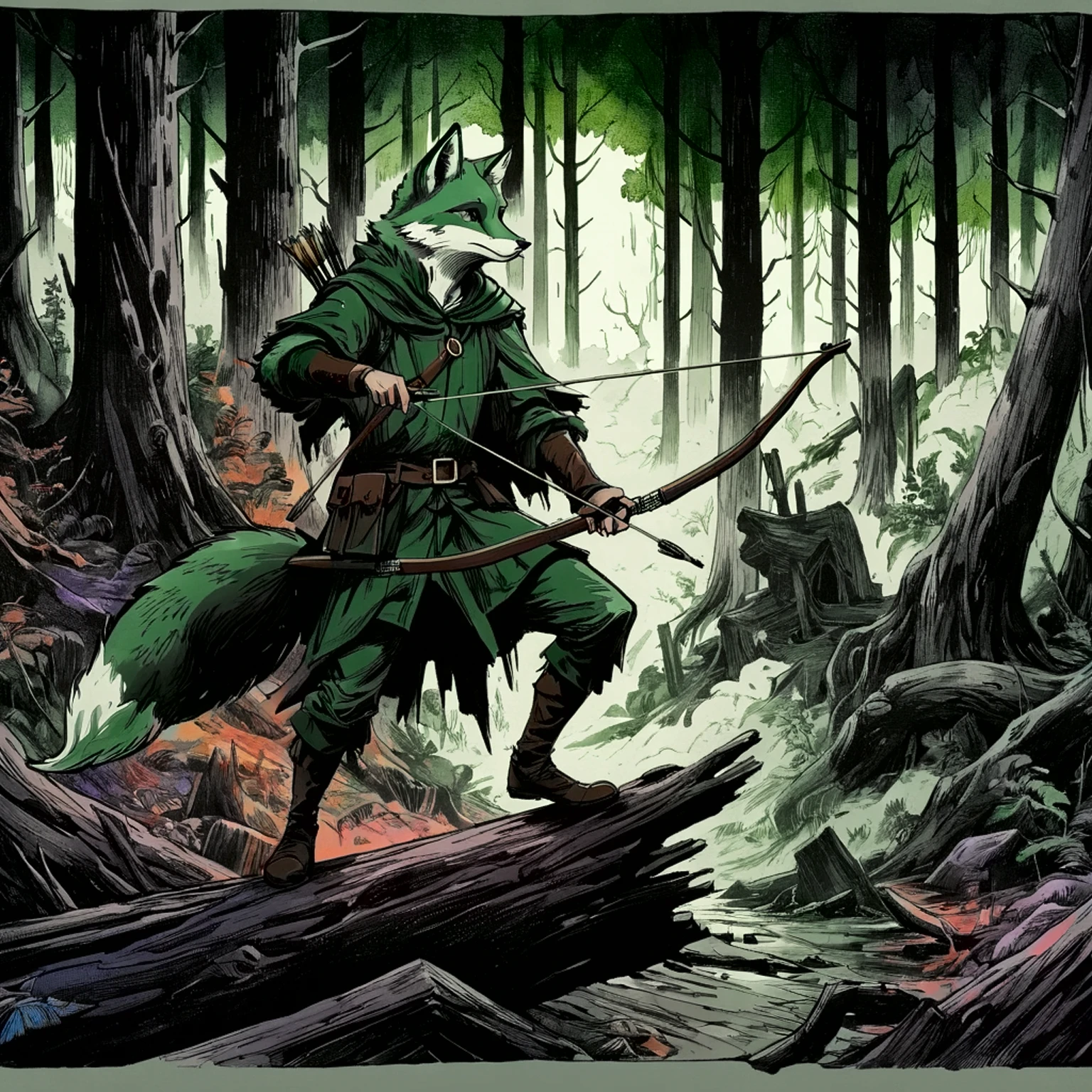 fox robin hood, Archer, animated, hand drawn, rotoscope, cinematic, expressive, ink style figure, apocalyptic russian dense forest, VHS, glitch, distorted, nostalgia, 90's retro vibes, analog tape, vcr aesthetics, tv, television, hand drawn, (full roygbiv color) ink charcoal expressive illustration, no light source, darkness, light mask uv rays across face, splash page
