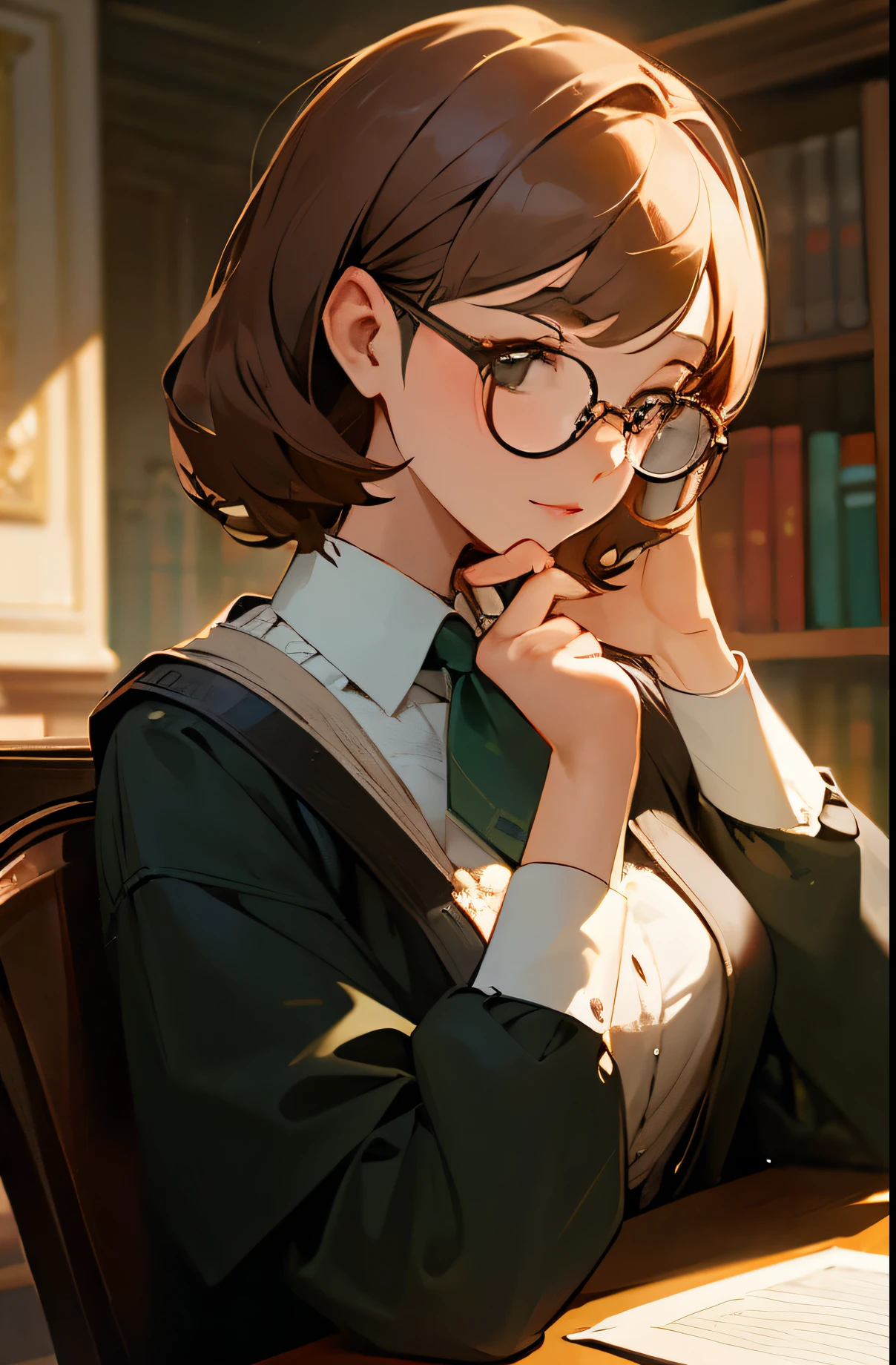 Best quality,high detail,masterpiece,1 woman,librarian with glasses