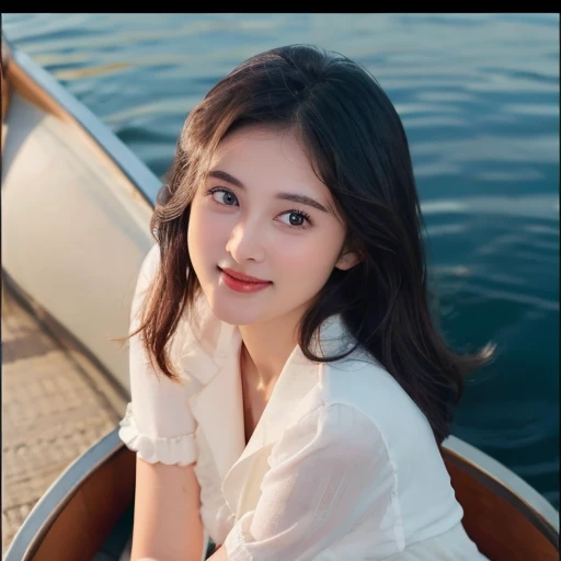 cinematic film still aayushii, beautiful face, beautiful eyes, smiling and sitting in a boat, kurti, water, happy, looking at viewer, from above . shallow  of field, vignette, highly detailed, high budget, bokeh, cinemascope, moody, epic, gorgeous, film grain, grainy
