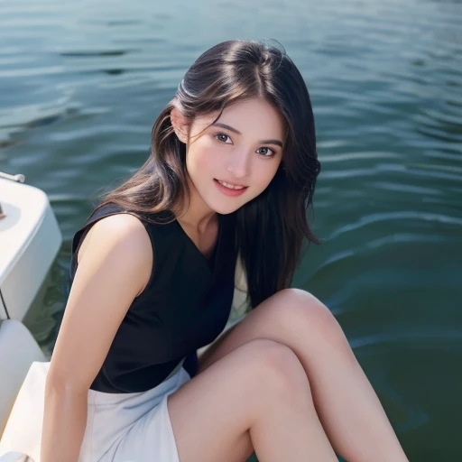 cinematic film still aayushii, beautiful face, beautiful eyes, smiling and sitting in a boat, kurti, water, happy, looking at viewer, from above . shallow  of field, vignette, highly detailed, high budget, bokeh, cinemascope, moody, epic, gorgeous, film grain, grainy