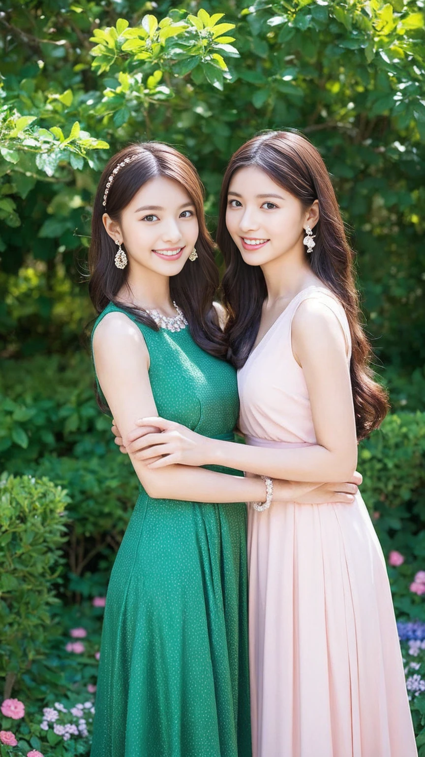 Two beautiful sisters standing together in a serene garden during sunset. 
The older sister has a calm, mature beauty with long straight hair and is wearing an elegant dress in a deep blue or emerald green color. 
She is adorned with simple, sophisticated jewelry including a necklace and earrings. 
The younger sister has a cheerful, cute demeanor with shoulder-length wavy hair and is wearing a cute dress in a bright color such as pink or light blue. 
She has playful accessories like a hairband and bracelets. 
The older sister has her hand gently placed on the younger sister’s shoulder, smiling warmly. 
The younger sister is slightly leaning against her older sister, displaying a bright, happy smile. 
The background is a lush garden with flowers and greenery, bathed in the soft, golden light of the evening sun.