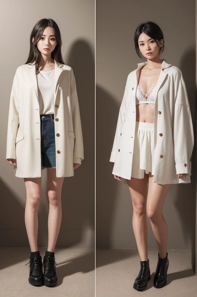Create an image of two identical women side by side, one with clothes and the other without.