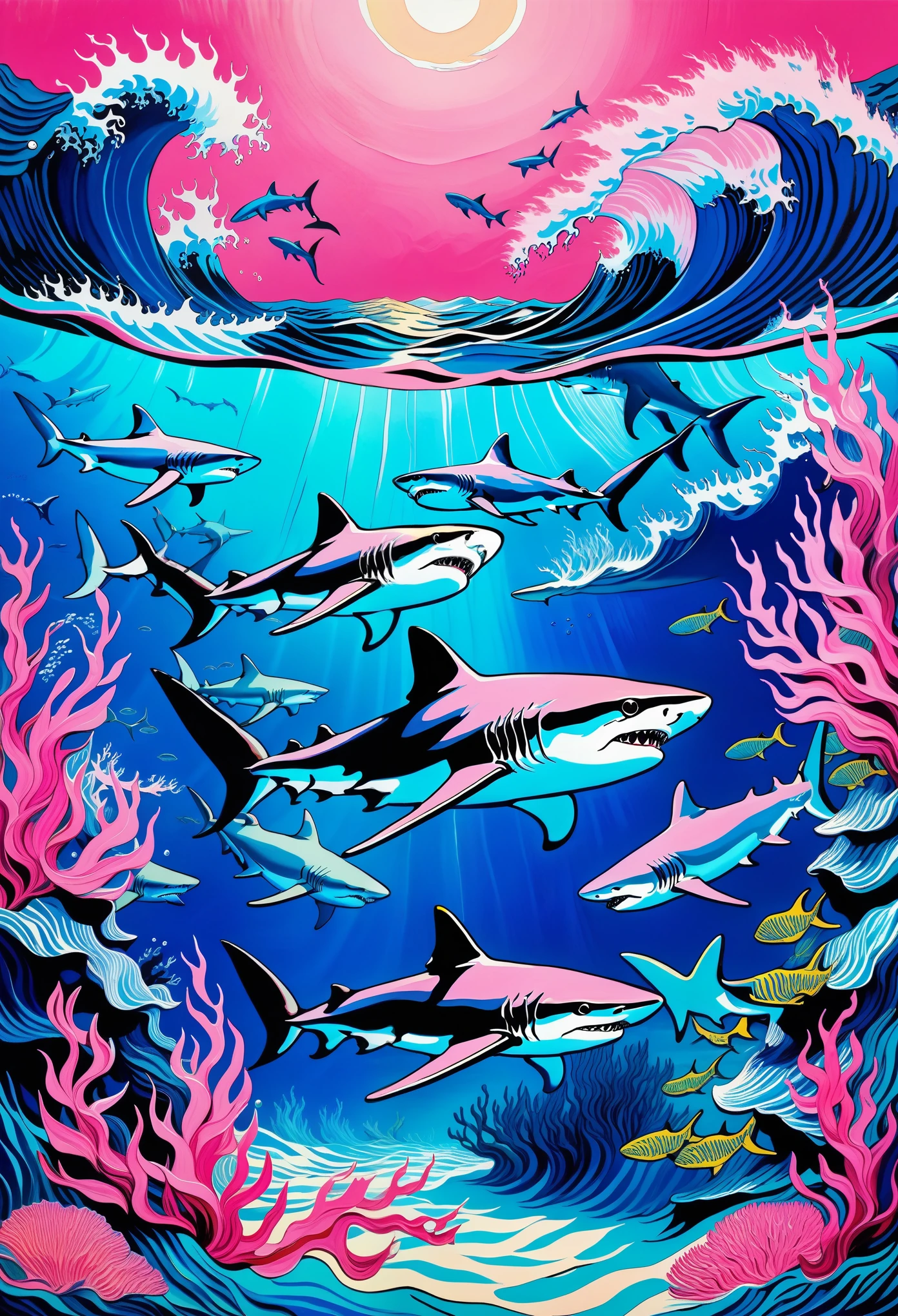 Deep blue fantasy landscape, Van Gogh style, Lots of fierce sharks,Underwater swimming effect, Clear focus, Pink background,