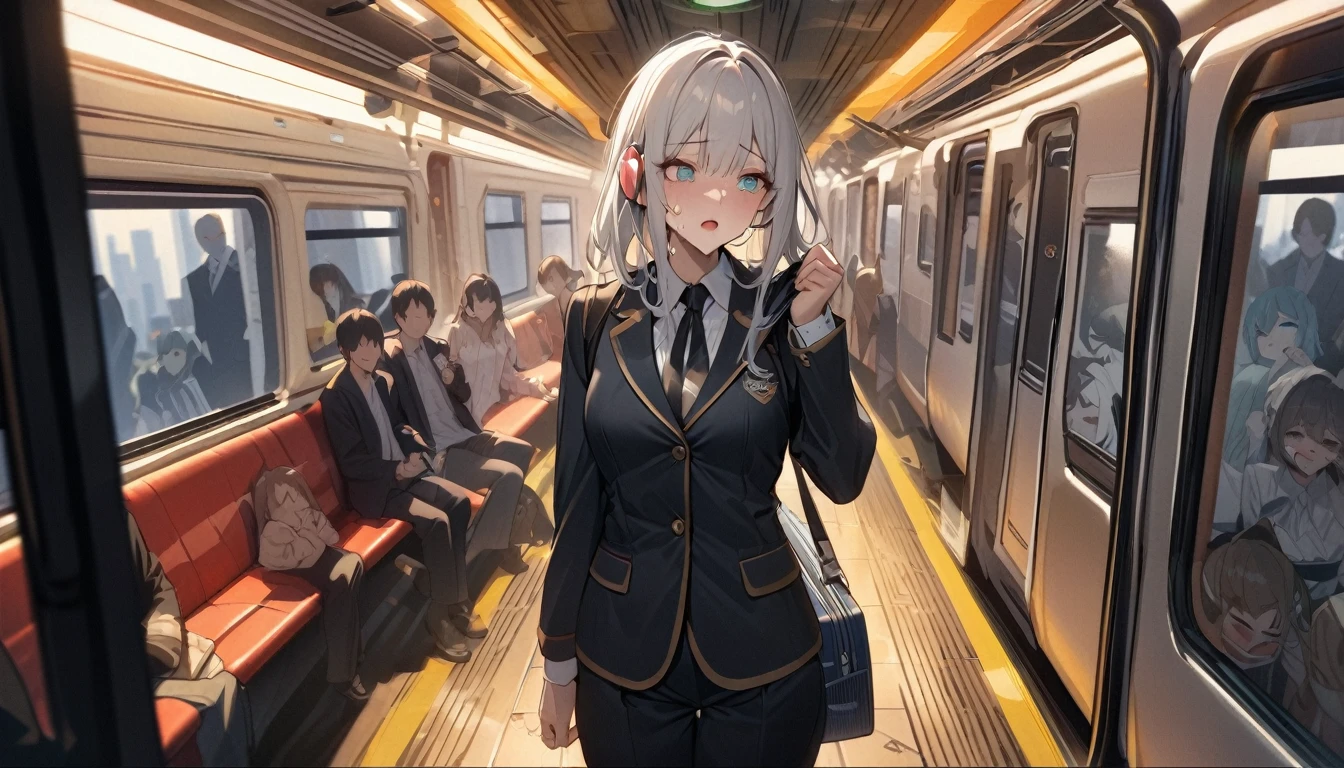 (Best image quality、4K、8K、High resolution、masterpiece:1.2)、超High resolution、congestionした電車、(Blazer look、Beautiful Eyes、Beautiful Lips、Highly detailed eyes and face、Long eyelashes)、Unpleasant、congestion、cramped space、Anxious expression、Desperate to get off the train、Feeling of pressure、Feeling frustrated、Sweat、stressful atmosphere、An overwhelming number of people々、cramped、Stacking luggage、Tired face、Tired-looking commuters、Rushing、Struggling to maintain balance、Busy and vibrant background、Long distance train announcements、Sweat on the palm of your hand、Flickering fluorescent lights、Blurred landscape outside the window、Quick push or pull、cling to the railing、Inspire each other、Frustrated sighs and frustrated mutterings、Stifling heat and lack of fresh air、Playing music to escape reality、Muffled headphones、香水とSweatのほのかな香り、How it appears to each person々Emotions&#39;Face、Description of congestionした電車、Portraiture、congestionした都市環境、Evening rush hour。