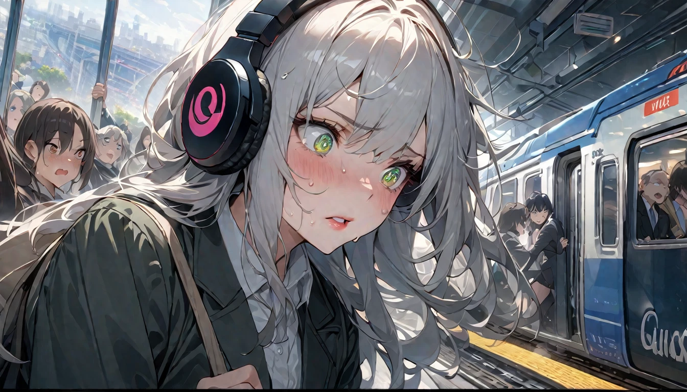 (Best image quality、4K、8K、High resolution、masterpiece:1.2)、超High resolution、congestionした電車、(Blazer look、Beautiful Eyes、Beautiful Lips、Highly detailed eyes and face、Long eyelashes)、Unpleasant、congestion、cramped space、Anxious expression、Desperate to get off the train、Feeling of pressure、Feeling frustrated、Sweat、stressful atmosphere、An overwhelming number of people々、cramped、Stacking luggage、Tired face、Tired-looking commuters、Rushing、Struggling to maintain balance、Busy and vibrant background、Long distance train announcements、Sweat on the palm of your hand、Flickering fluorescent lights、Blurred landscape outside the window、Quick push or pull、cling to the railing、Inspire each other、Frustrated sighs and frustrated mutterings、Stifling heat and lack of fresh air、Playing music to escape reality、Muffled headphones、香水とSweatのほのかな香り、How it appears to each person々Emotions&#39;Face、Description of congestionした電車、Portraiture、congestionした都市環境、Evening rush hour。