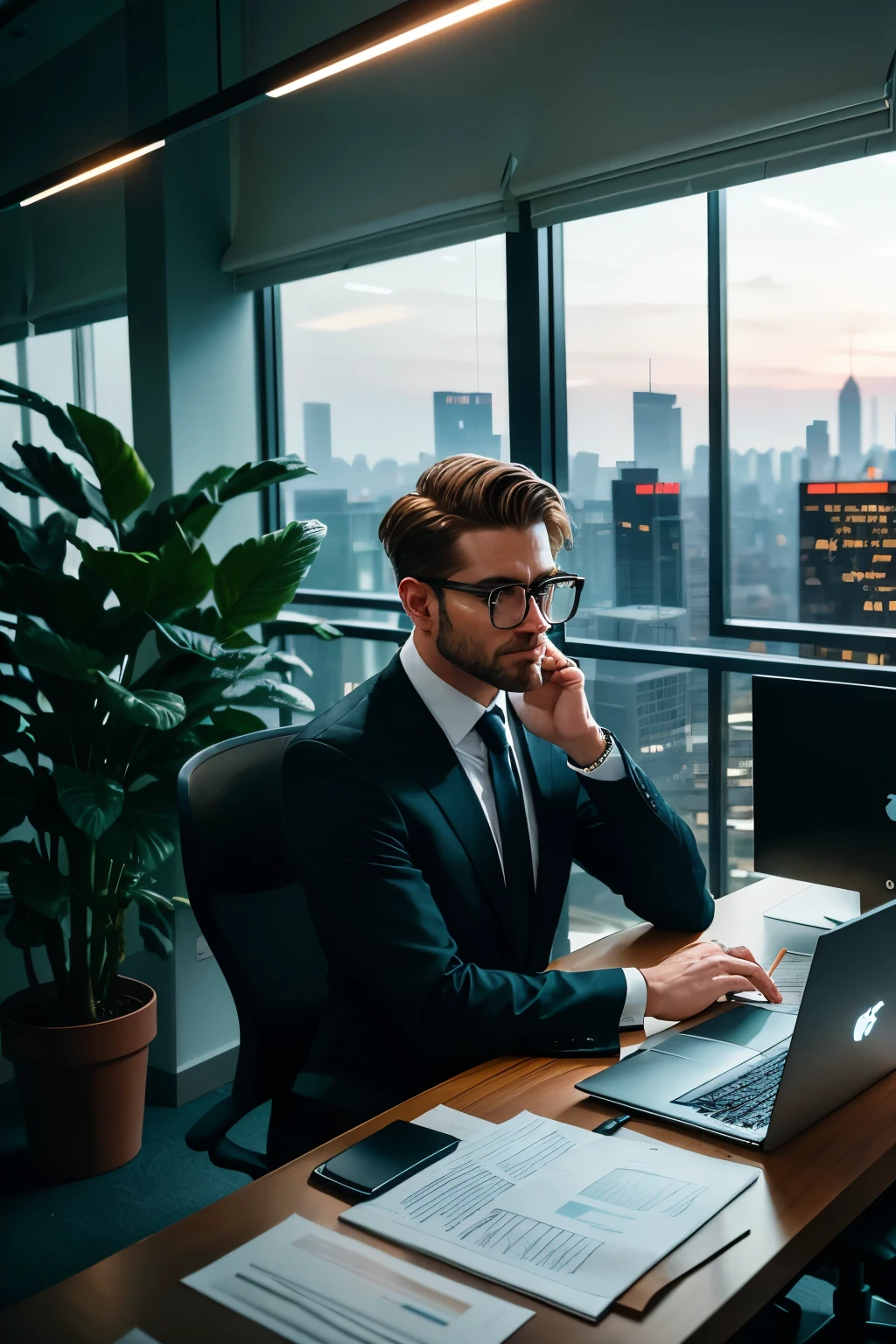 Create a hyper-realistic, super-detailed image of a focused young professional in a stylish, modern office, working late into the night. The office setting should be minimalist and sleek, with a spacious workstation illuminated by warm desk lamps, a large window offering a panoramic view of a vibrant cityscape at dusk, and strategically placed indoor plants for a touch of natural verdure. The worker, dressed in a sharp suit and armed with a pair of stylish glasses, is engrossed in their work, their face radiating intensity and focus as they study a cluttered desk covered in documents, charts, a laptop displaying complex data, and a cup of coffee that