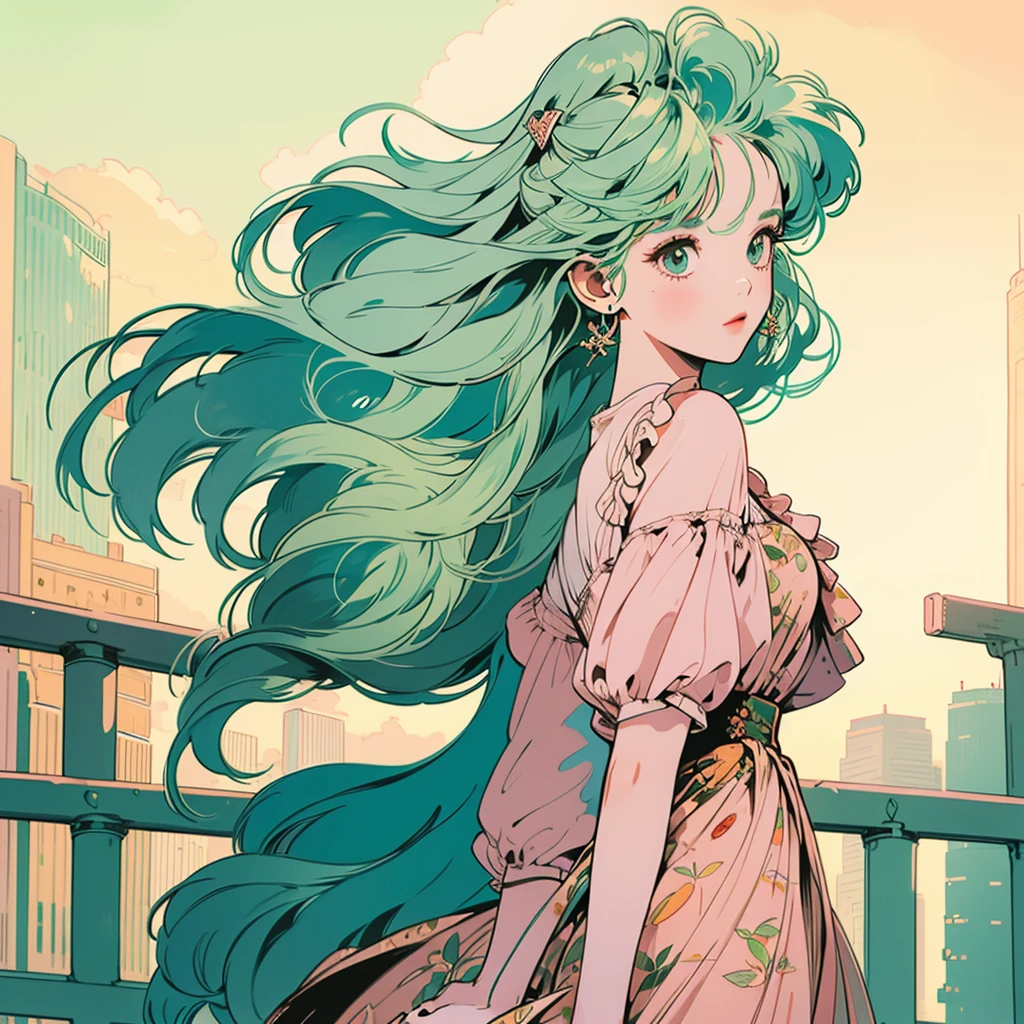 whole body、Kind Face、One beautiful woman、White blouse、Pedestrian bridge、Skyscraper、sunset、Complex background、Detailed Hair、Light green hair、hair like clouds、Soft Hair、Two Side Up Hair、Faint lighting、There is movement