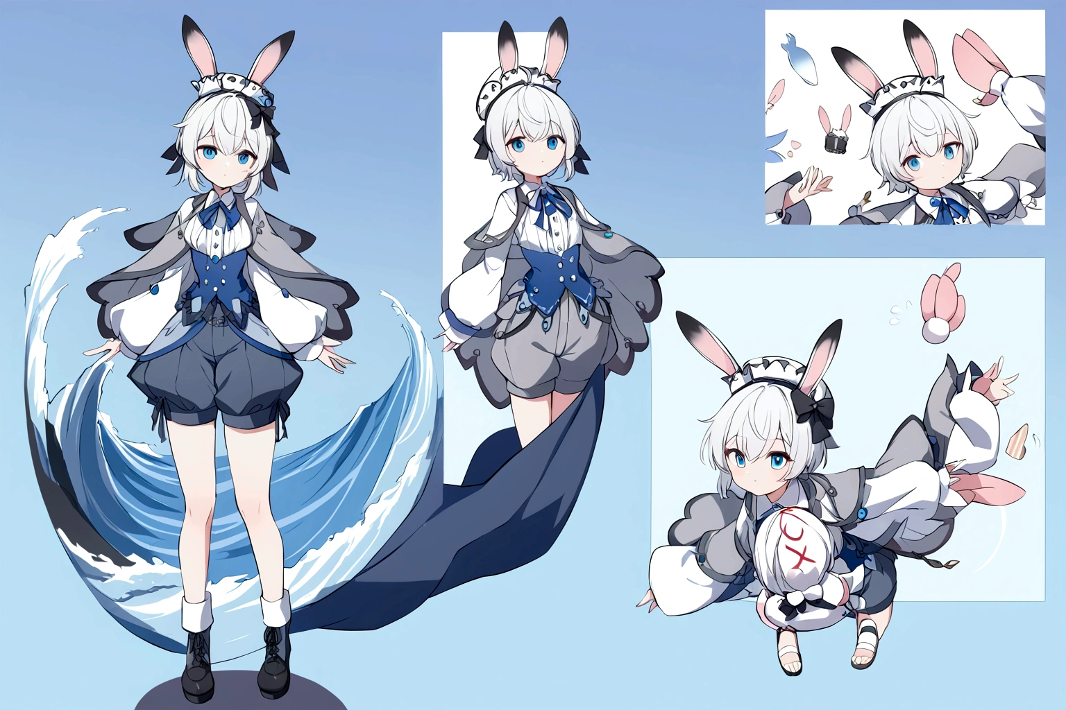 Chico, short white hair with pompadour, rabbit ears, white beret style hat with black spikes, lolita style button down shirt with oversized sleeves, short gray shorts, gray cape with engraved waves, blue eyes