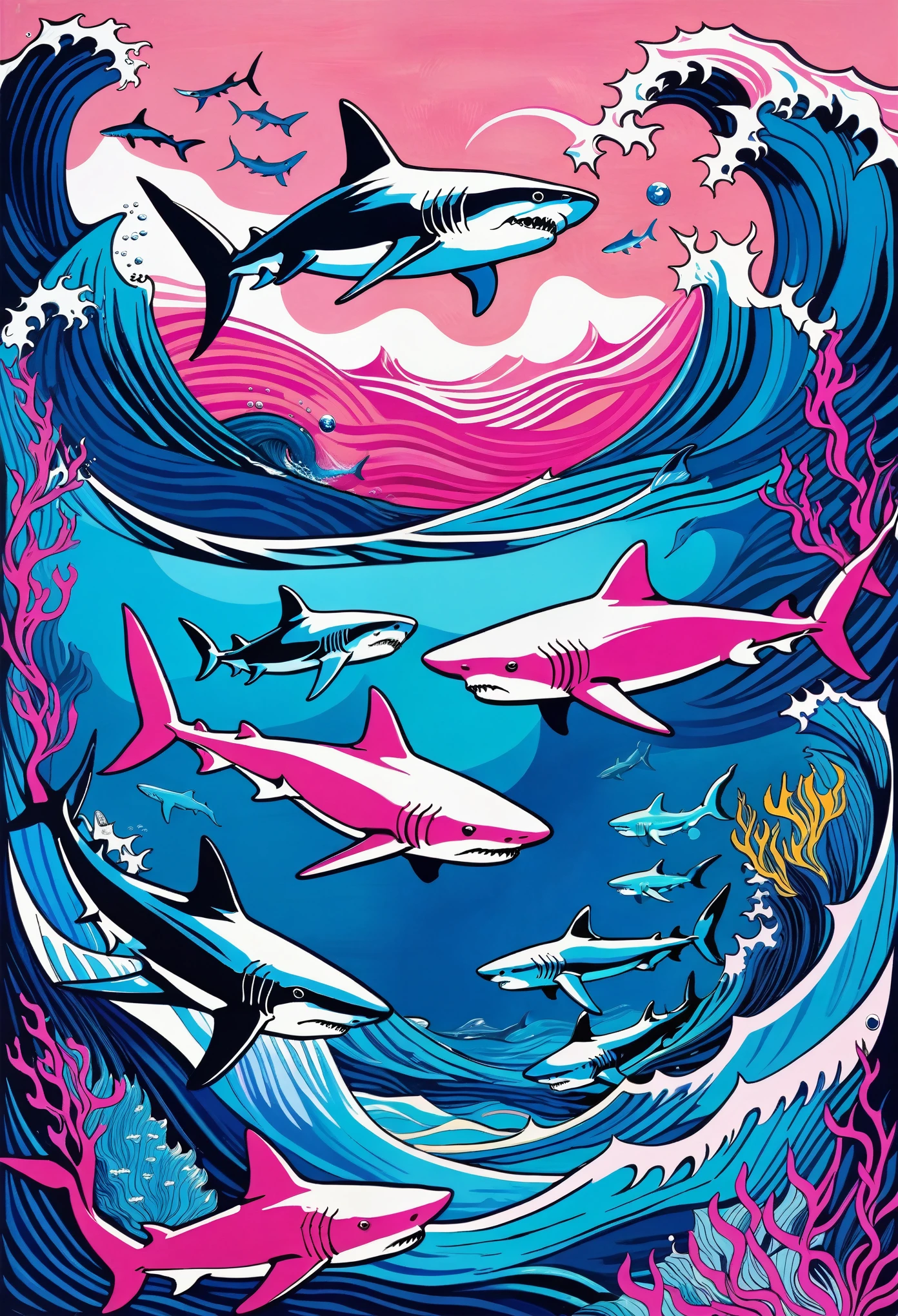 Deep blue fantasy landscape, Van Gogh style, Lots of fierce sharks,Underwater swimming effect, Clear focus, Pink background,