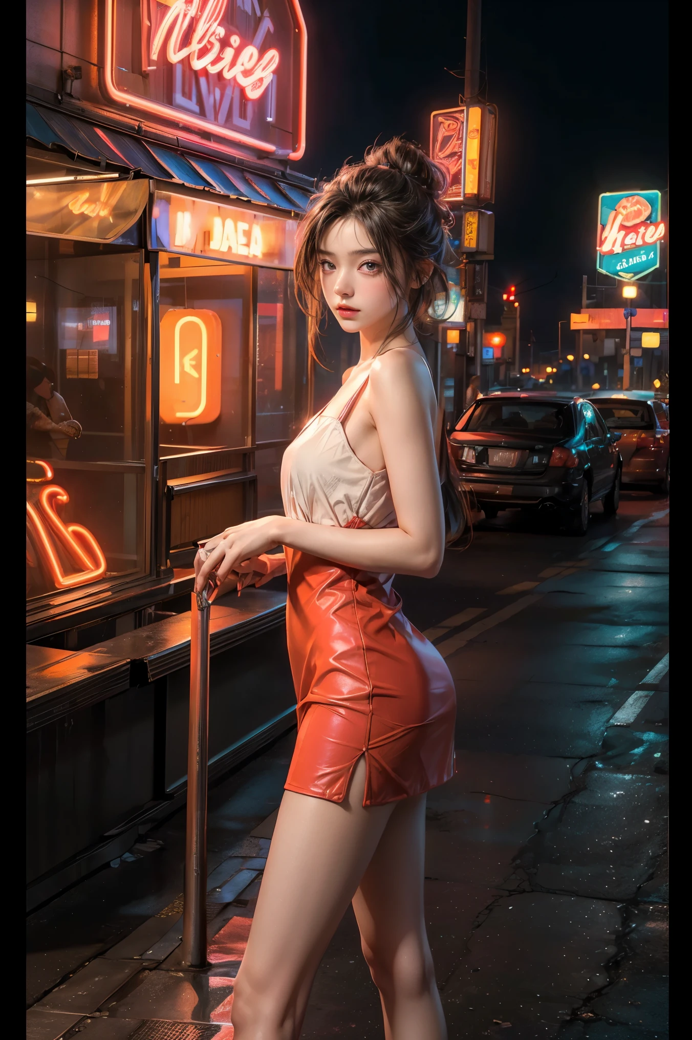 ((masterpiece, best quality, Best image quality, high resolution, realistic, raw photo, 8K)), Araped view of motel with cars parked in front, with neon sign, Woman waiting for guests in front of motel, Temptation, short dress and high heels, route 66, neon sign, 1 9 5 0 Second Americana Tourism, some have neon sign, Neon Lights Outside, neon advertising, gigantic neon sign, neon stores, few neon sign, neon sign in background,