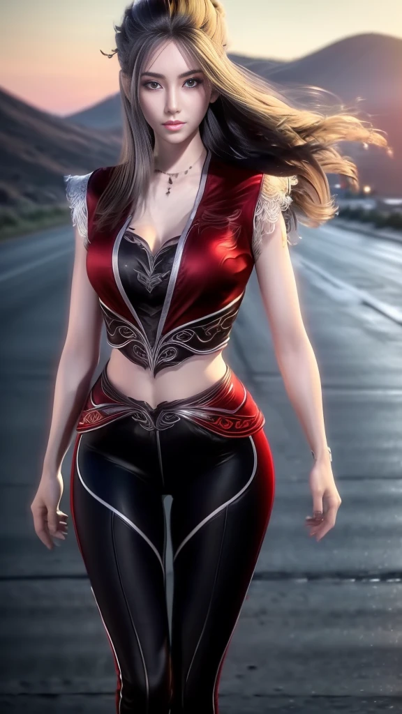 Woman riding a classic bike, Beautuful Women,Red long hair, full scene shot, Best Quality, Evening glow, Steppe road, blows wind,look up sky, Beautuful Women, Outdoor Scene, dark red hair, Natural view, rot,leather jackets, Navel Ejection, tight pants, sexy long legs, (thigh gap: 1.5),(buttocks raised, wide hips), Highly detailed facial and skin texture, Detailed eyes, double eyelid,Full body, 20-year-old female model, octane render,Two-tone lighting,Wide aperture,Low ISO,White Balance, Driving a classic motorcycle, landscape