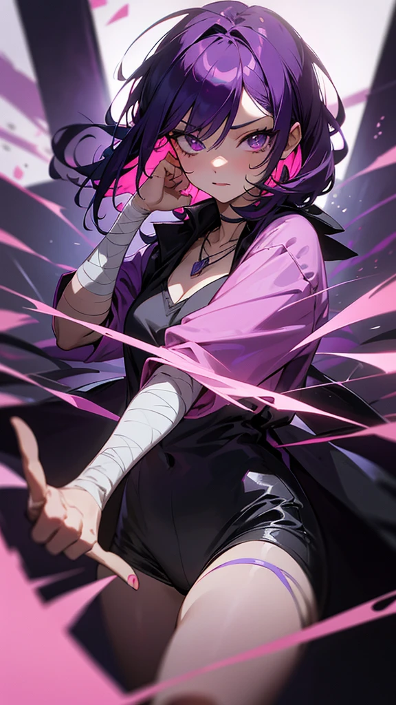 she had dark purple hair and a lock of dark pink dark purple eyes with a twin of dark pink hair and a lock of dark purple the same color of her eyes called izumi and zumi with a necklace of different colors izumi pink and purple zumi izumi has a scratch on his left eye and he has cuts on his hands izumi has bandages on his hands
