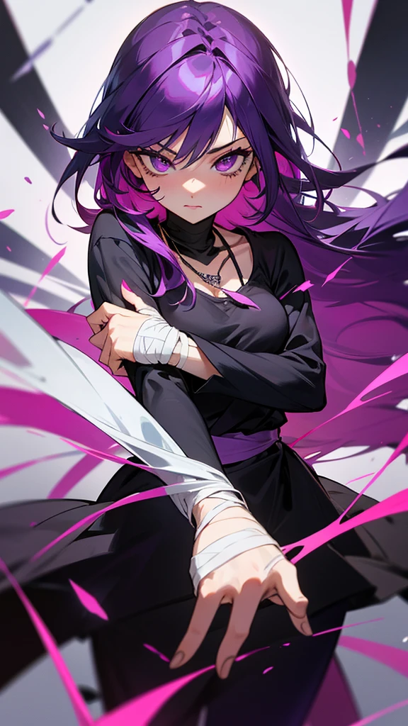she had dark purple hair and a lock of dark pink dark purple eyes with a twin of dark pink hair and a lock of dark purple the same color of her eyes called izumi and zumi with a necklace of different colors izumi pink and purple zumi izumi has a scratch on his left eye and he has cuts on his hands izumi has bandages on his hands