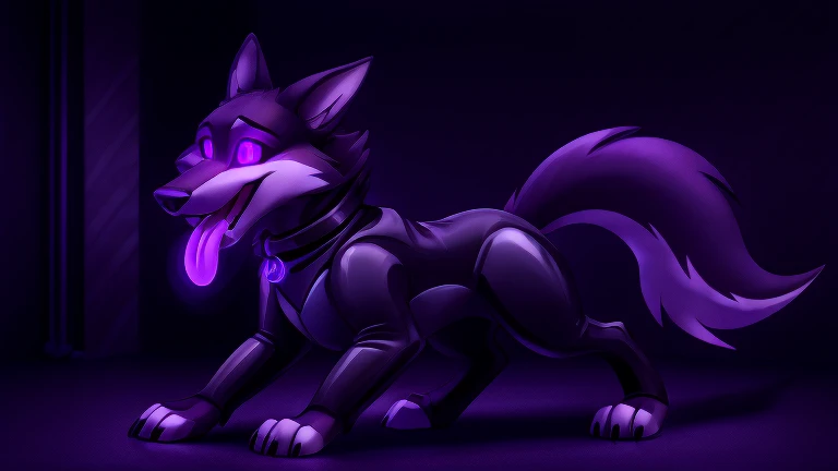 Vortex female hellhound standing, tongue out, using a gray latex suit, and a black techno collar, hypnotized with glowing purple eyes without iris or pupils, tongue out, full body image, walking on all fours bowed before gis master, in laboratory room background, profile picture