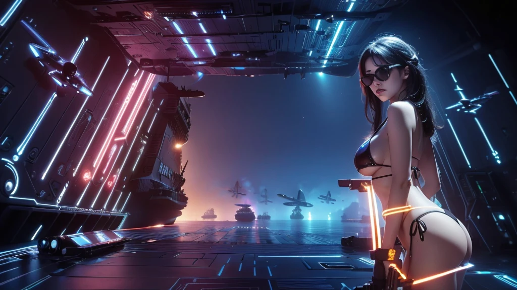 (((a large-breast bikini slim GIRL with black (micro) sunglasses))), (((((aiming at viewer with a pistol))))), a balcony of a futuristic building, aerial view of an ultra-futuristic megalopolis, metal buildings and houses in dark colors from dark blue to black, shades of metal gray, smoky metal structures, industrial environment with smoke and fog around, dark cars on the streets, desert megalopolis, modern metal rails and trains passing through, tall futuristic metal buildings, ultra modern buildings, (((((futuristic aircraft carrier))))), realistic, detailed, sci-fi.