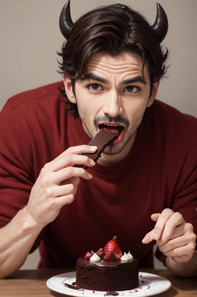 Ugly devil man eating chocolate cake