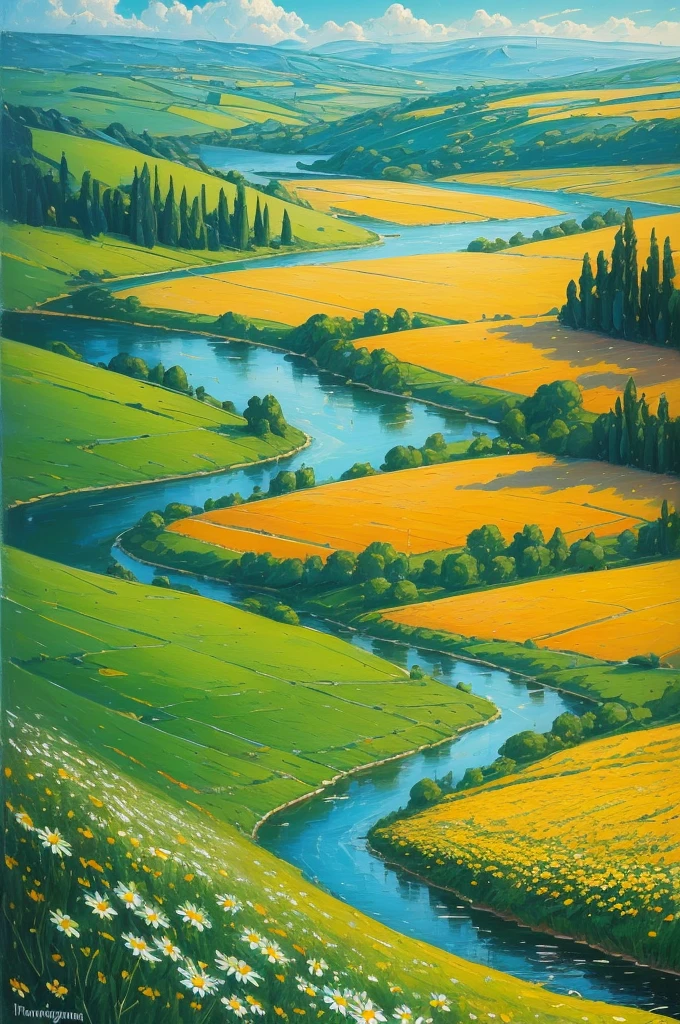 painting of a field of daisies and a river in the distance, an oil painting by Eugene Tertychnyi, flickr, naive art, meadow with flowers, meadows on hills, field of flowers, [ oil painting ]!!, landscape oil painting, summer landscape, summer meadow, meadows, painting of, oil painting!!!, field of wild flowers, sunny meadow