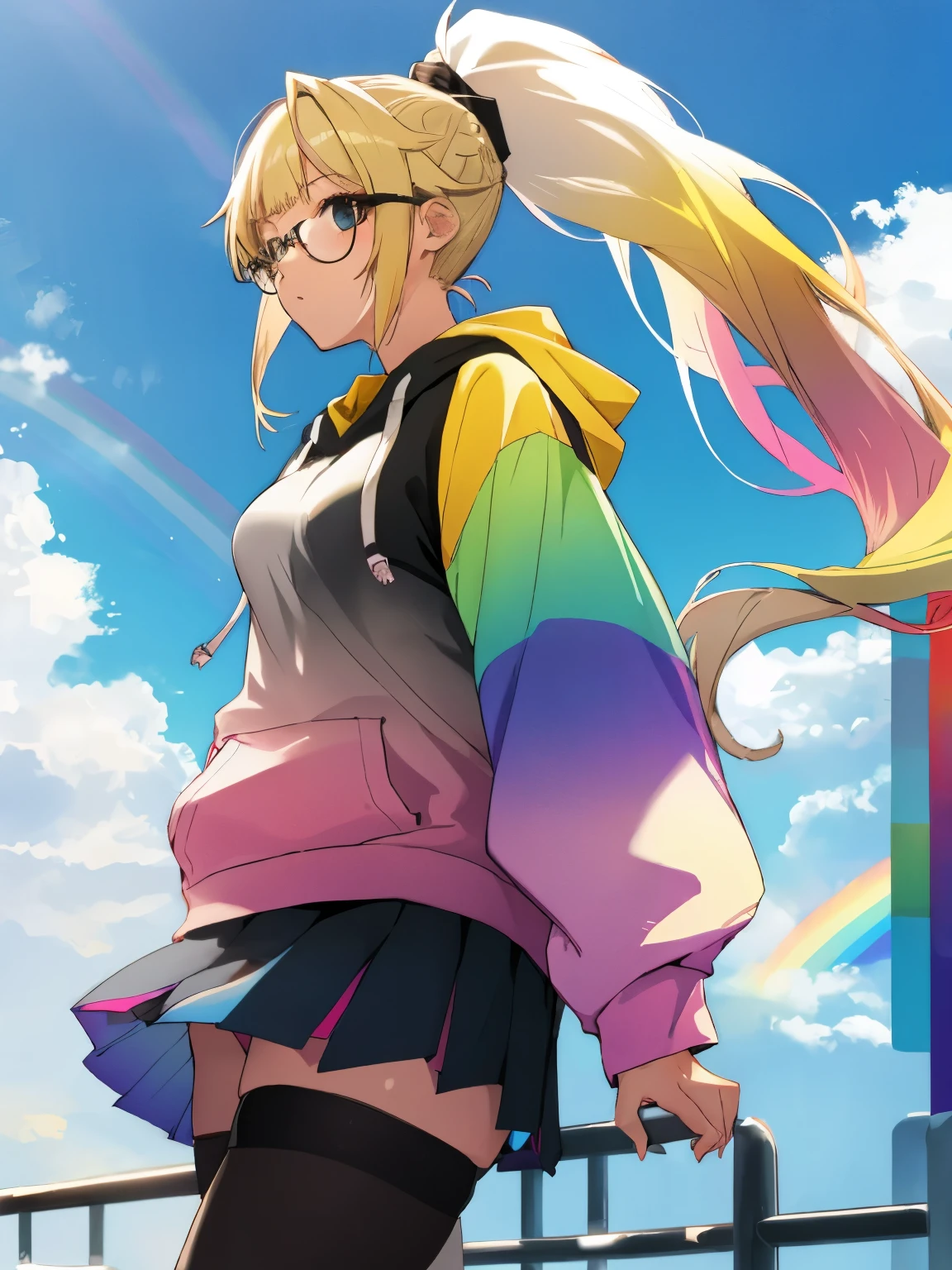 1girl, rainbow gradient hoodie, blonde, glasses, outdoors, ponytail, wispy bangs, breasts, skirt, stockings