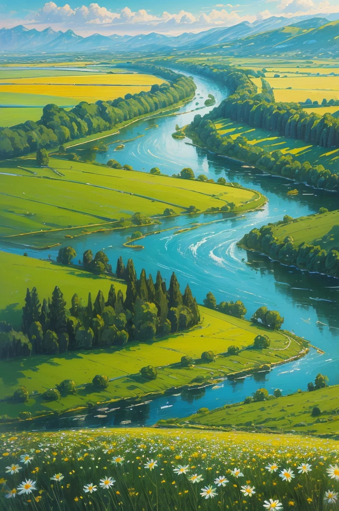 painting of a field of daisies and a river in the distance, meadow with flowers, meadows on hills, field of flowers, by Eugene Tertychnyi, [ oil painting ]!!, landscape oil painting, by Franciszek Starowieyski, summer landscape, summer meadow, by Sylvester Shchedrin, meadows, by Dechko Uzunov