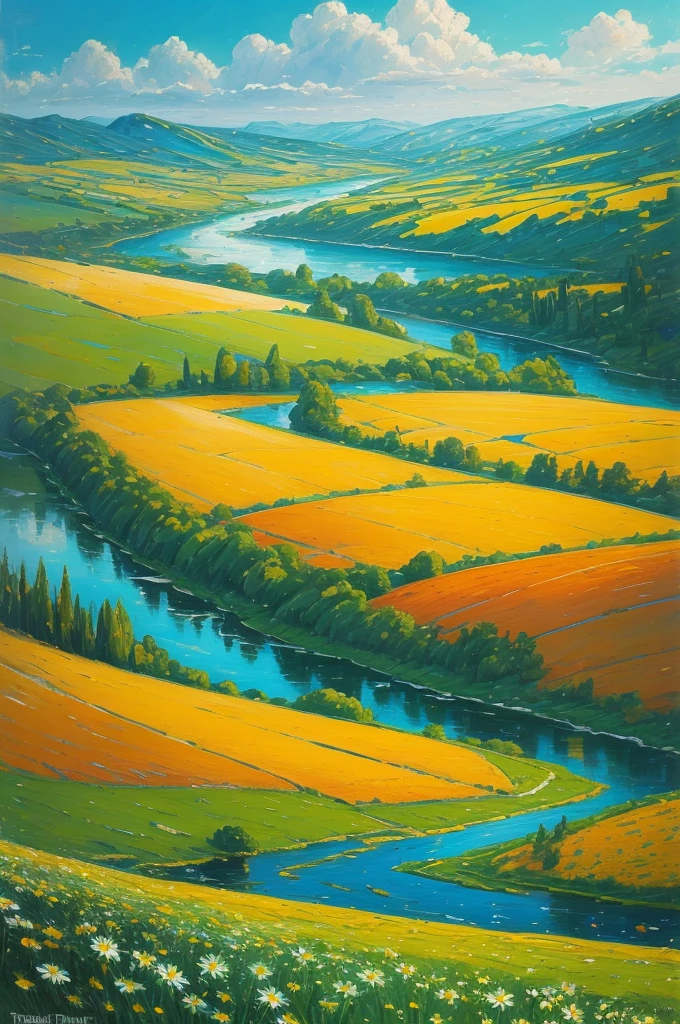 painting of a field of daisies and a river in the distance, an oil painting by Eugene Tertychnyi, flickr, naive art, meadow with flowers, meadows on hills, field of flowers, [ oil painting ]!!, landscape oil painting, summer landscape, summer meadow, meadows, painting of, oil painting!!!, field of wild flowers, sunny meadow