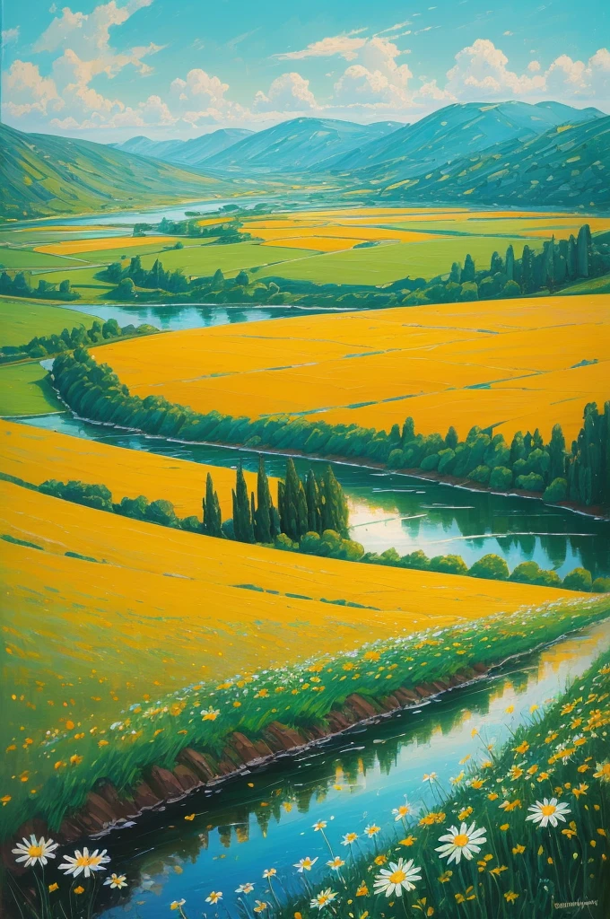 painting of a field of daisies and a river in the distance, an oil painting by Eugene Tertychnyi, flickr, naive art, meadow with flowers, meadows on hills, field of flowers, [ oil painting ]!!, landscape oil painting, summer landscape, summer meadow, meadows, painting of, oil painting!!!, field of wild flowers, sunny meadow