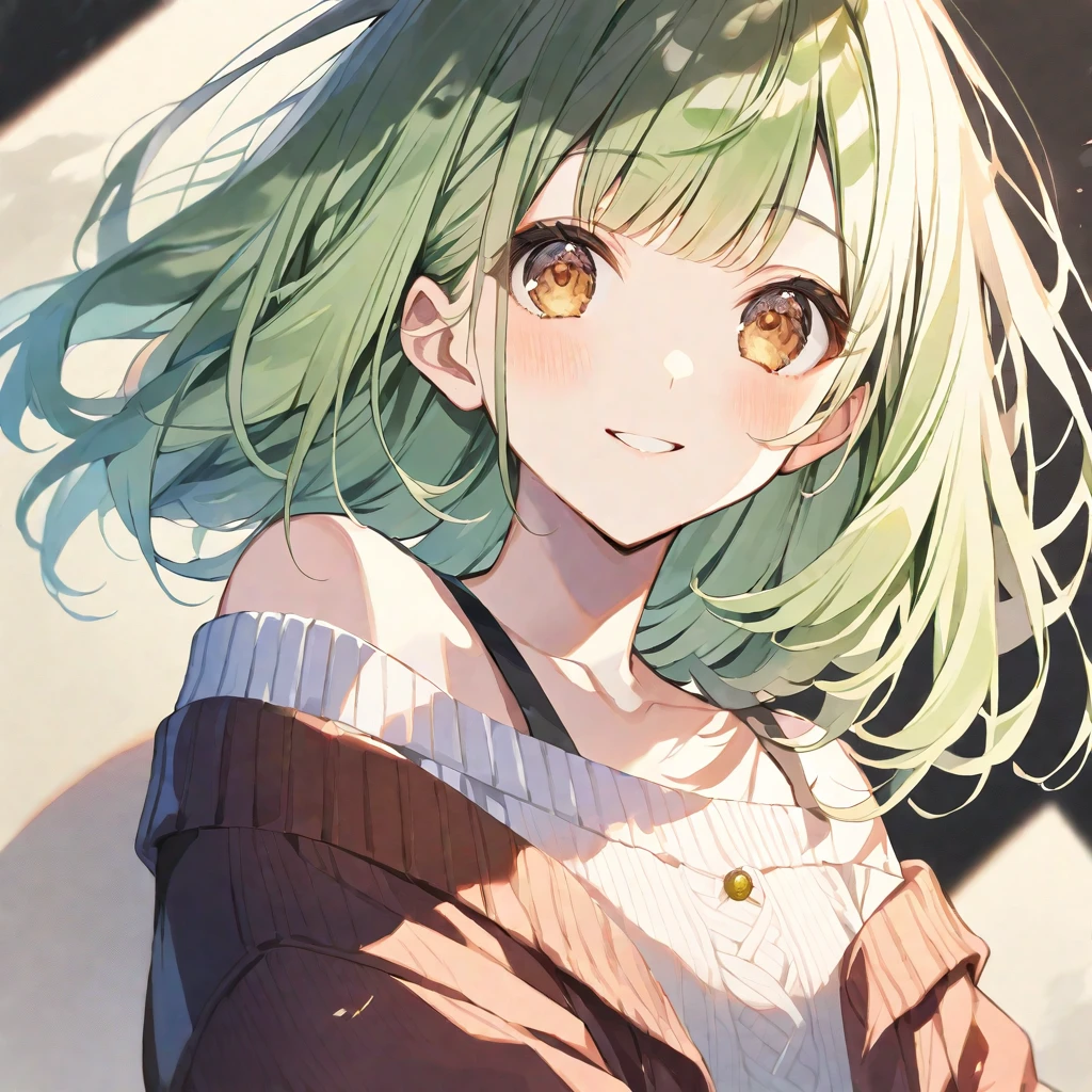 独奏, handsome, Watercolor ,
1. Female,
Straight hair, Bob hair,light green Hair,brown eyes&Soft look ,
Nakano Nino,18 years old,
black off-shoulder , cardigan, knit, skin,smile,black background
