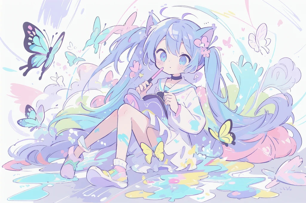 (colour:1.5),girl,
Blue,yellow,green,cyan,purple,red,pink,
p best quality,master,masterpiece,//(fusion of limited color,Maximalism artstyle,Geometric artstyle,Butterflies),double exposure of flower and liquid,fussion of Fluid abstract art,glitch,//black and white painting,(full body:1.1),(sketch:1.3),(draft:1),scribbled lines,(colorful paint splatter:1.2),splatter,paint,ink,1girl,solo,hair tier,cat girl,lavender eyes,cat ears,choker,lavender serafuku,violets,lavender \(flower\),//white background//, Hatsune Miku,