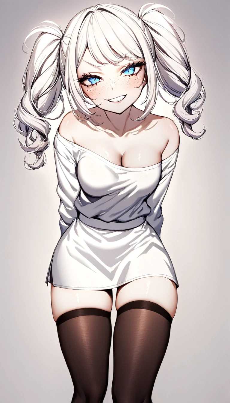 1 Girl, White Baggy Shirt, Black Short Skirt, Black Nylon Thigh High Stockings, High Heels, Medium Breasts, Blue Eyes, Platinum White Hair, Twin Tail Hair Style, Pale White Skin, Smooth Skin, Face Freckles, Nice Cleavage, Slutty, Sexy, Sassy, Smirking, Tease, Teasing, Viewer Looking Up, Viewer Lower, Up skirt View,