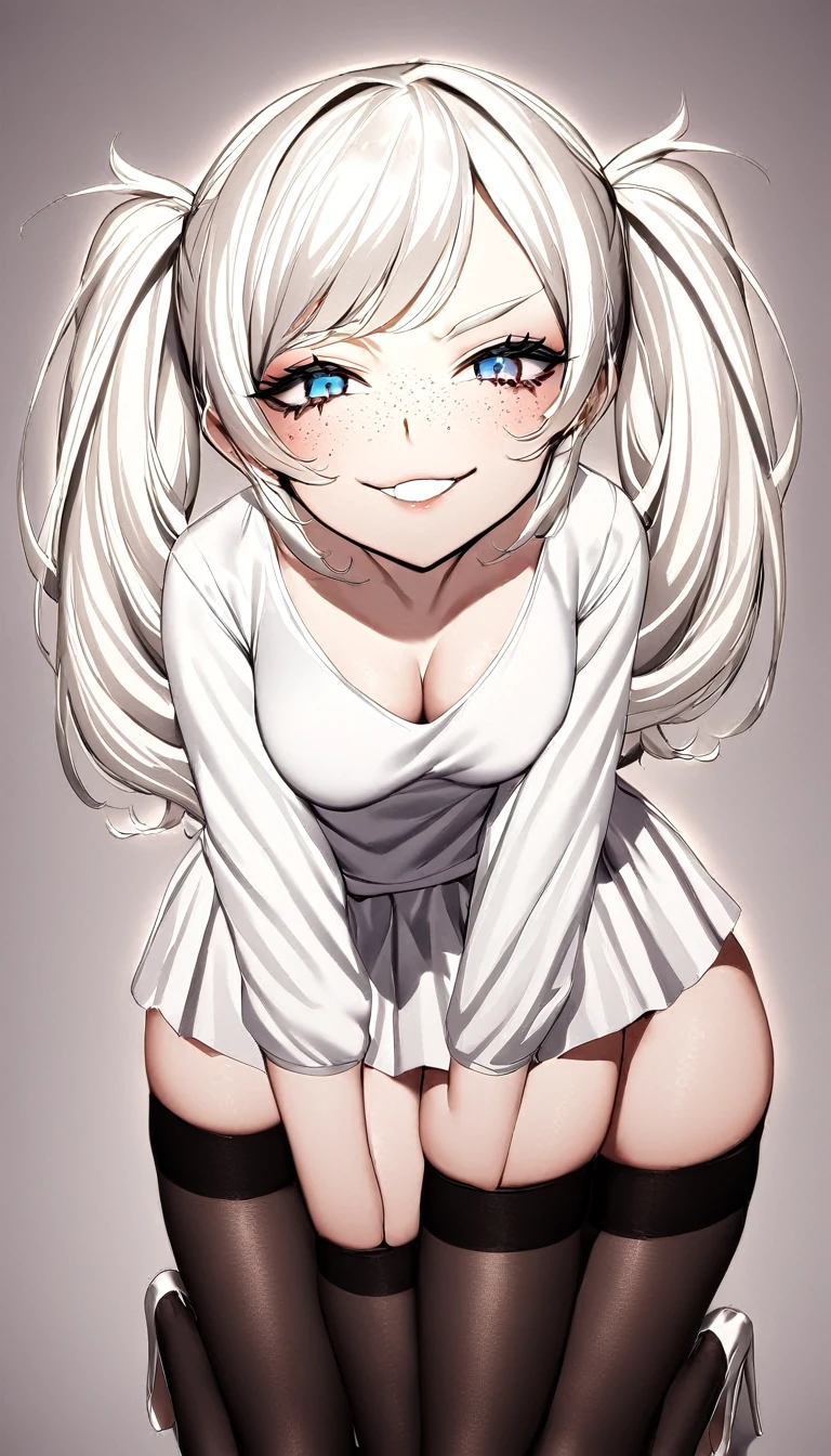1 Girl, White Baggy Shirt, Black Short Skirt, Black Nylon Thigh High Stockings, High Heels, Medium Breasts, Blue Eyes, Platinum White Hair, Twin Tail Hair Style, Pale White Skin, Smooth Skin, Face Freckles, Nice Cleavage, Slutty, Sexy, Sassy, Smirking, Tease, Teasing, Viewer Looking Up, Viewer Lower, Up skirt View,
