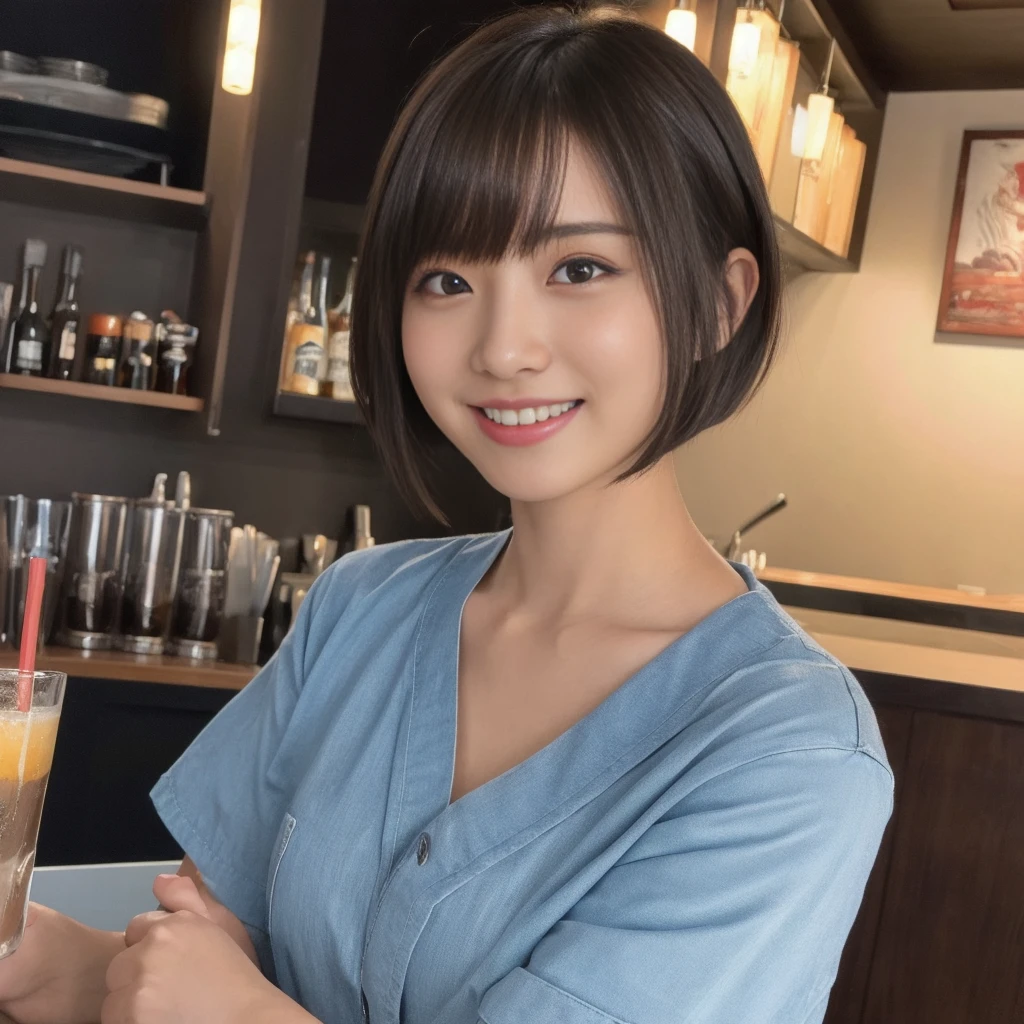 (1 ultra cute japanese girl, short hair:1.5), part-time job at a bar,detailed face, ultra detailed eyes, incredible beautiful eyes, symmetry dropped eyes,charming eyes, No makeup, big smile,Enthusiastic belly laugh, open mouth, best quality, 4k, 8k, highres, masterpiece, ultra-detailed, realistic, photorealistic, photo-realistic, HDR, UHD, studio lighting, ultra-fine painting, sharp focus, physically-based rendering, extreme detail description, professional, vivid colors, bokeh
