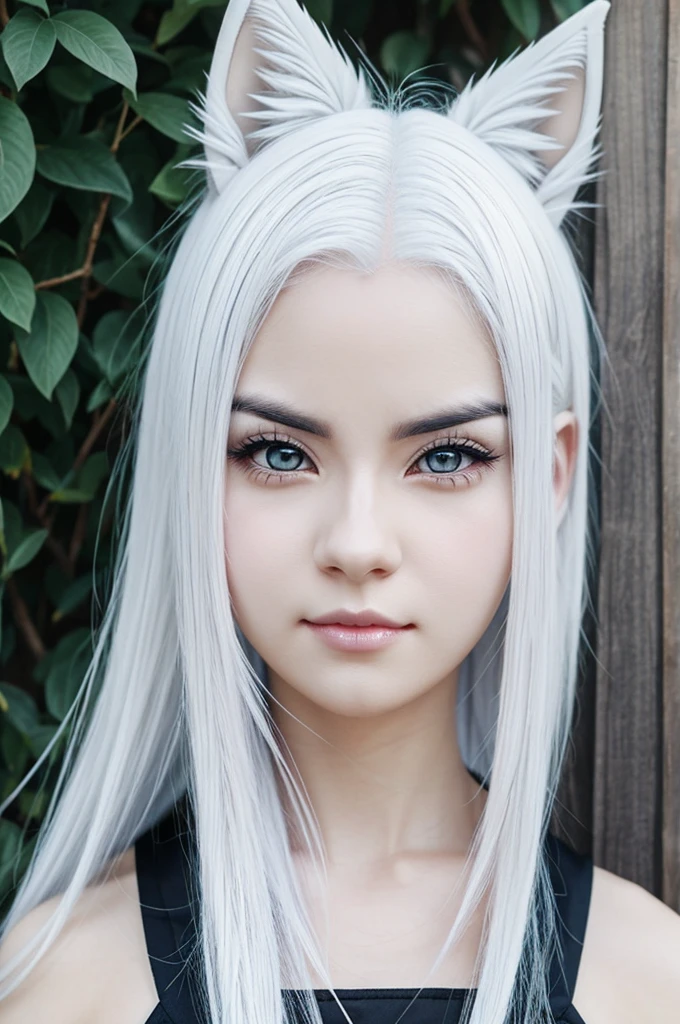 Girl with white hair white eyes skin color pale but not so pretty wolf ears anime style