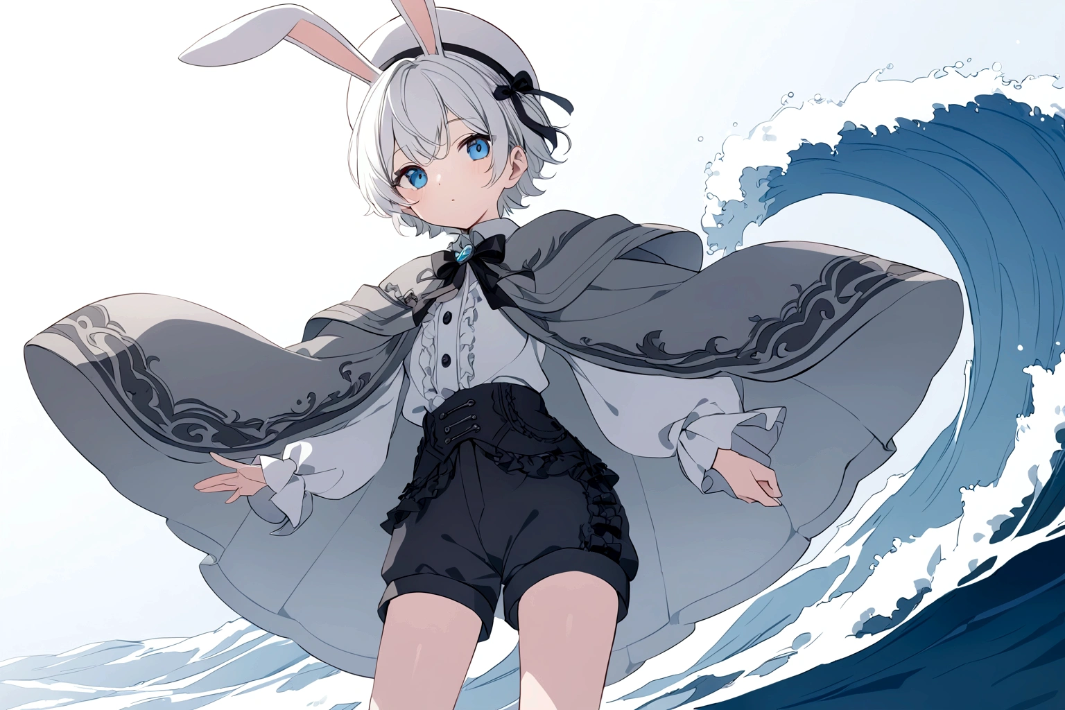 Chico, short white hair with pompadour, rabbit ears, white beret style hat with black spikes, ta style button down shirt with oversized sleeves, short gray shorts, gray cape with engraved waves, blue eyes