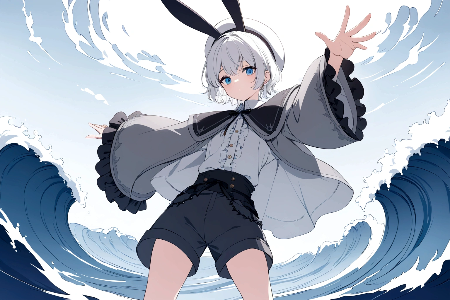 Chico, short white hair with pompadour, rabbit ears, white beret style hat with black spikes, lolita style button down shirt with oversized sleeves, short gray shorts, gray cape with engraved waves, blue eyes