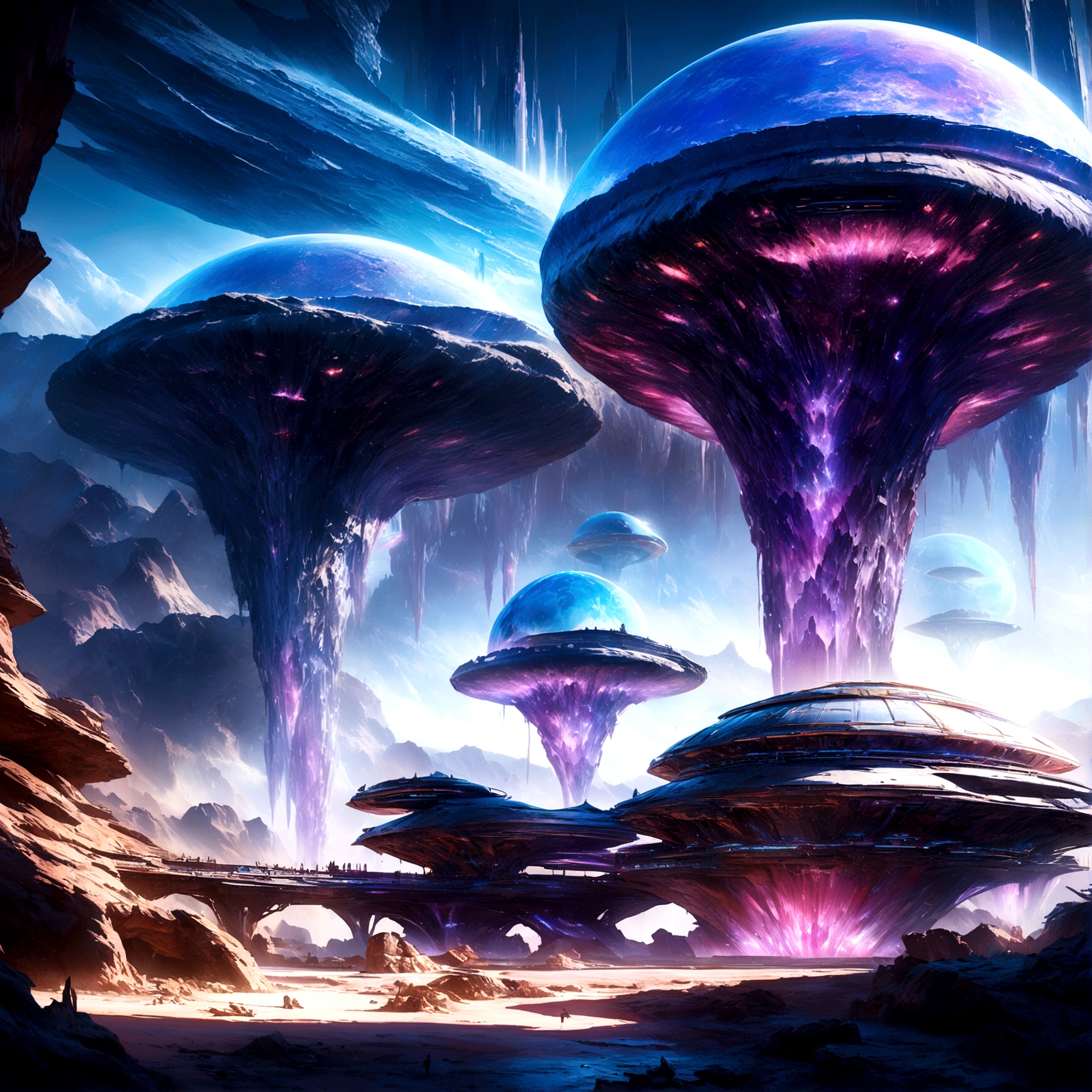 A highly detailed and futuristic alien planet, intricate sci-fi architecture, glowing crystalline formations, vivid purple and blue hues, dramatic lighting, cinematic composition, photorealistic, 8K, best quality, ultra-detailed, hyper-realistic, masterpiece, concept art, matte painting, sci-fi, digital art