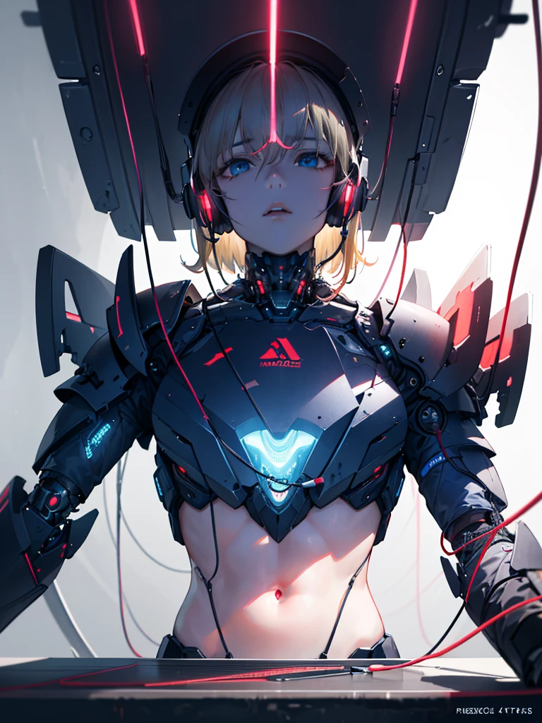 1boy, handsome young age boy, blonde short messy hair, beautiful detailed blue eyes, is a cyborg, futuristic lab, futuristic headset with english text, cyborg crop top armor, mind control device, futuristic gear installed on head, lying on top of futuristic table, mindcontrol device connected to futuristic technology, head connected to wires, bionic, (best quality,4k,8k,highres,masterpiece:1.2),ultra-detailed,(realistic,photorealistic,photo-realistic:1.37),concept art, sci-fi, vivid colors, studio lighting, physically-based rendering, extreme detail description, sci-fi neon-type lighting, from below, looking at viewer, emotionless expression