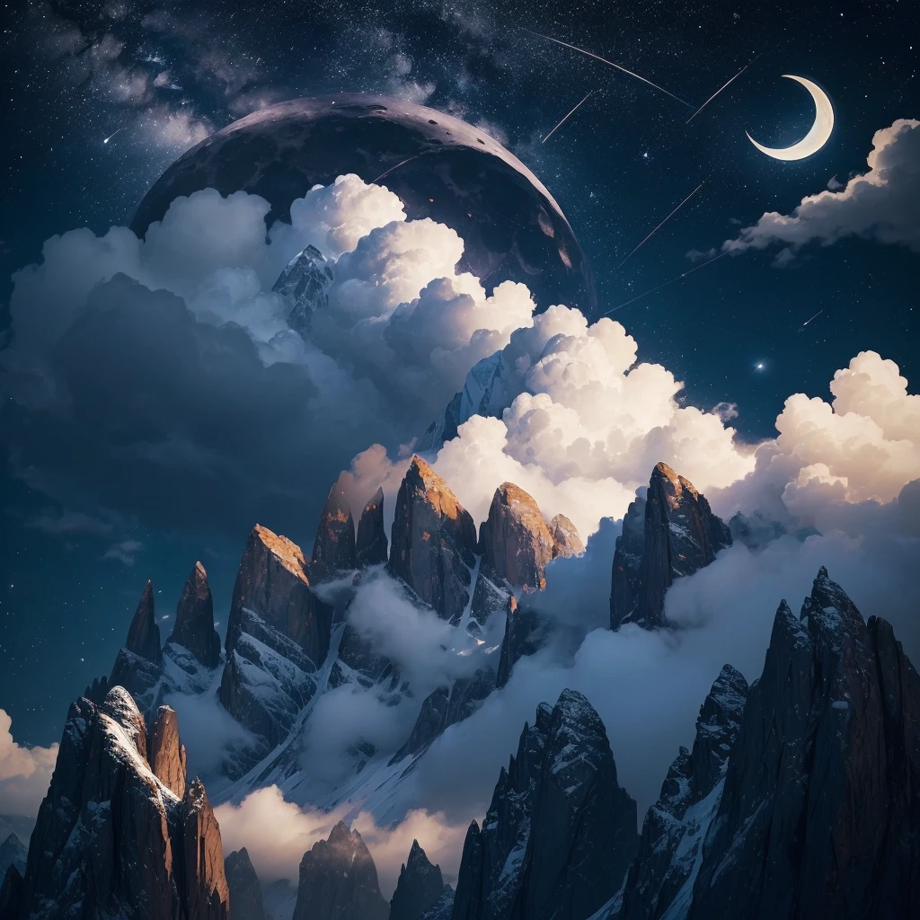 a crescent in the sky with clouds and a mountain in the background, moonlit night dreamy atmosphere, beautiful moonlight night, moonlit night sky, beautiful moonlight, moonlit backdrop, beautiful moon light, moonlit night, crescent moon in background, moonlit nightscape, night sky with moon, nighttime moonlit, moonlit sky, ✨🕌🌙