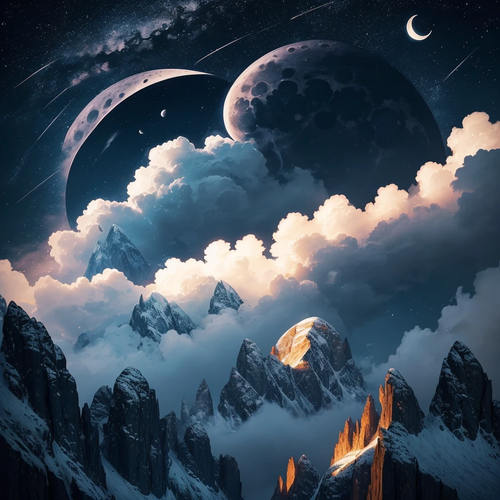 a crescent in the sky with clouds and a mountain in the background, moonlit night dreamy atmosphere, beautiful moonlight night, moonlit night sky, beautiful moonlight, moonlit backdrop, beautiful moon light, moonlit night, crescent moon in background, moonlit nightscape, night sky with moon, nighttime moonlit, moonlit sky, ✨🕌🌙