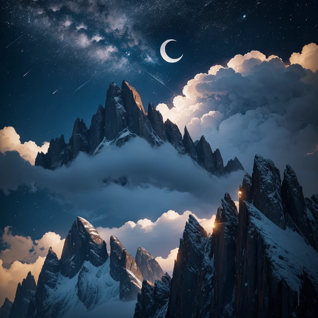 a crescent in the sky with clouds and a mountain in the background, moonlit night dreamy atmosphere, beautiful moonlight night, moonlit night sky, beautiful moonlight, moonlit backdrop, beautiful moon light, moonlit night, crescent moon in background, moonlit nightscape, night sky with moon, nighttime moonlit, moonlit sky, ✨🕌🌙