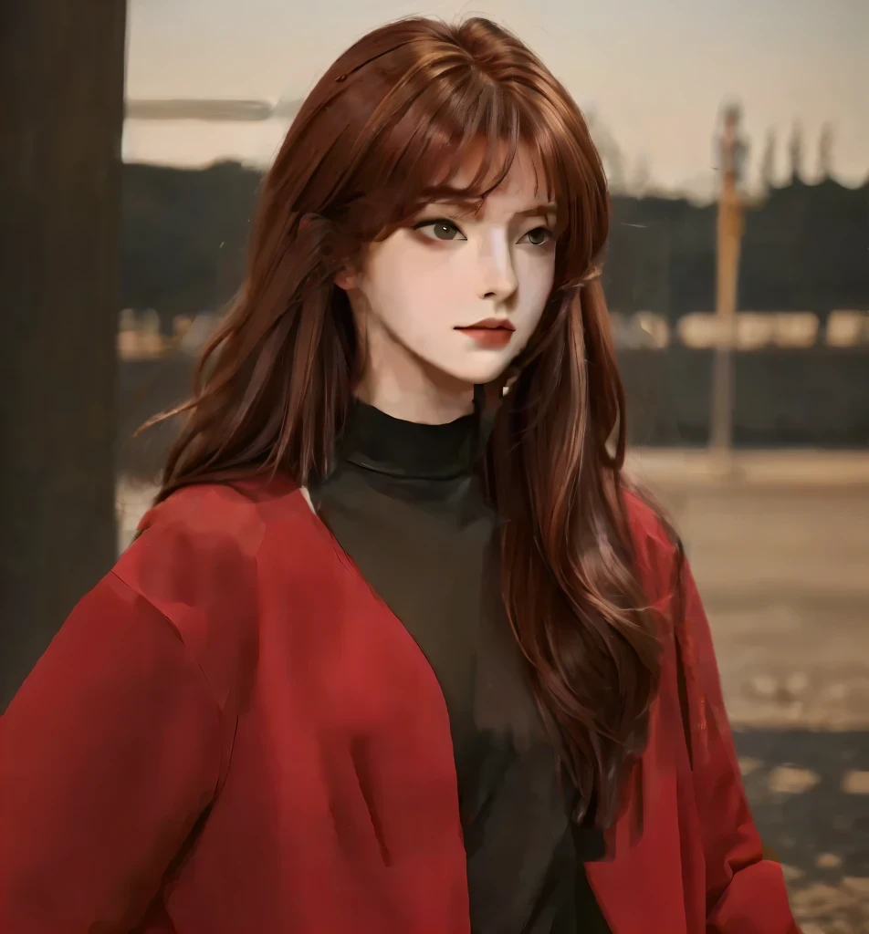 Reddish brown hair,Long fluffy hair,Bangs