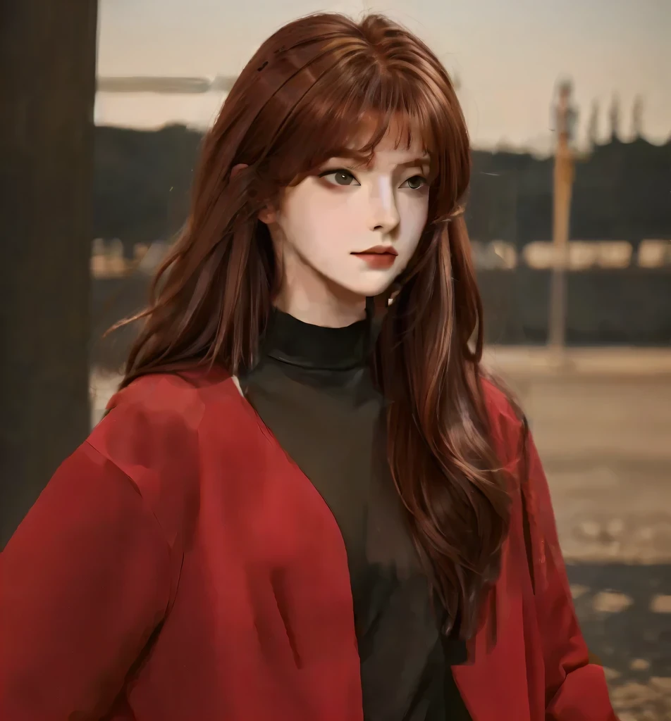 Reddish brown hair，Long fluffy hair，Bangs