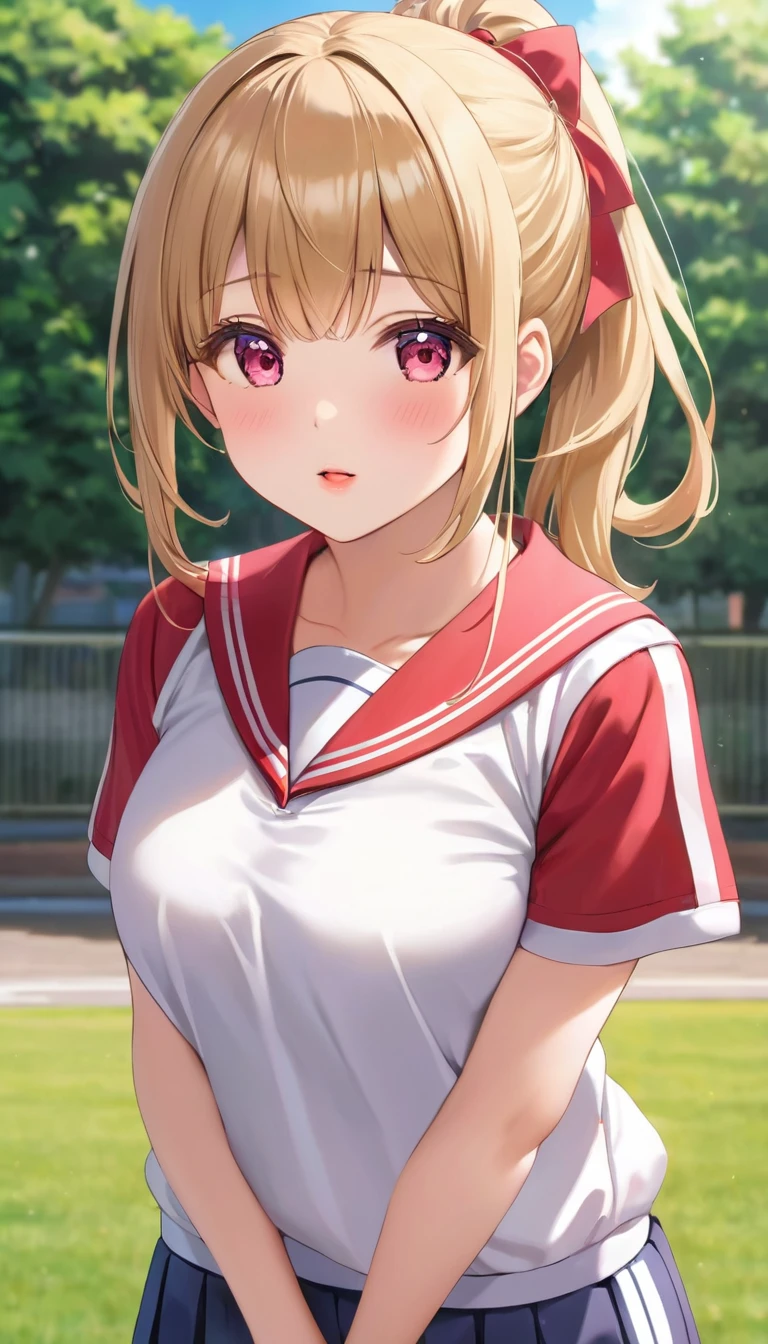 {{{{{16k,Ultra High-resolution realistic photograph of neat virgin first-year junior high school girl's in School-designated gym uniform with junior high ribbon as pretty as a actress in Grass schoolyard, She's in the first year of middle school, but she's too well developed, her tits are too beautiful, When she rolls up her gym clothes from the bottom her shyly hidden big tits come out in a plop, She's a virgin but she's popular popular popular and she just has an aura of being popular}}}}},{{Extremely detailed}},{{{{{dye her cheeks flush and integrated her head pure small, thick lips, Enchanting thick gross idol's Lips}}}}},{{{{{dark colored bang ponytail hair}}}}},{{{{{She get more attractive and smoother her body, her expression and appearance are transformed into that of a pure, Her white tits are so fluffy, and are depicted in great detail, but her sex appeal from her neck fills the schoolyard, her bodyline and tits and hips are getting cuter and cuter, She has been reborn as a pretty one-in-a-thousand-year girl with a sparkling aura of cuteness}}}}}